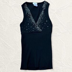 Vintage BNK Women’s Ribbed Black Stretchy Top With Rhinestone Detail Size S
